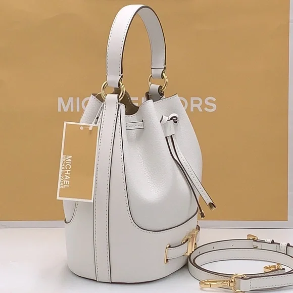 MICHAEL KORS  Reed Medium Pebbled Leather Bucket Bag Optic White NWT - Picture 2 of 16